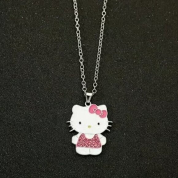Hello Kitty White Pink Rhinestone Studded Silver Tone Pendant Necklace New - Picture 1 of 4